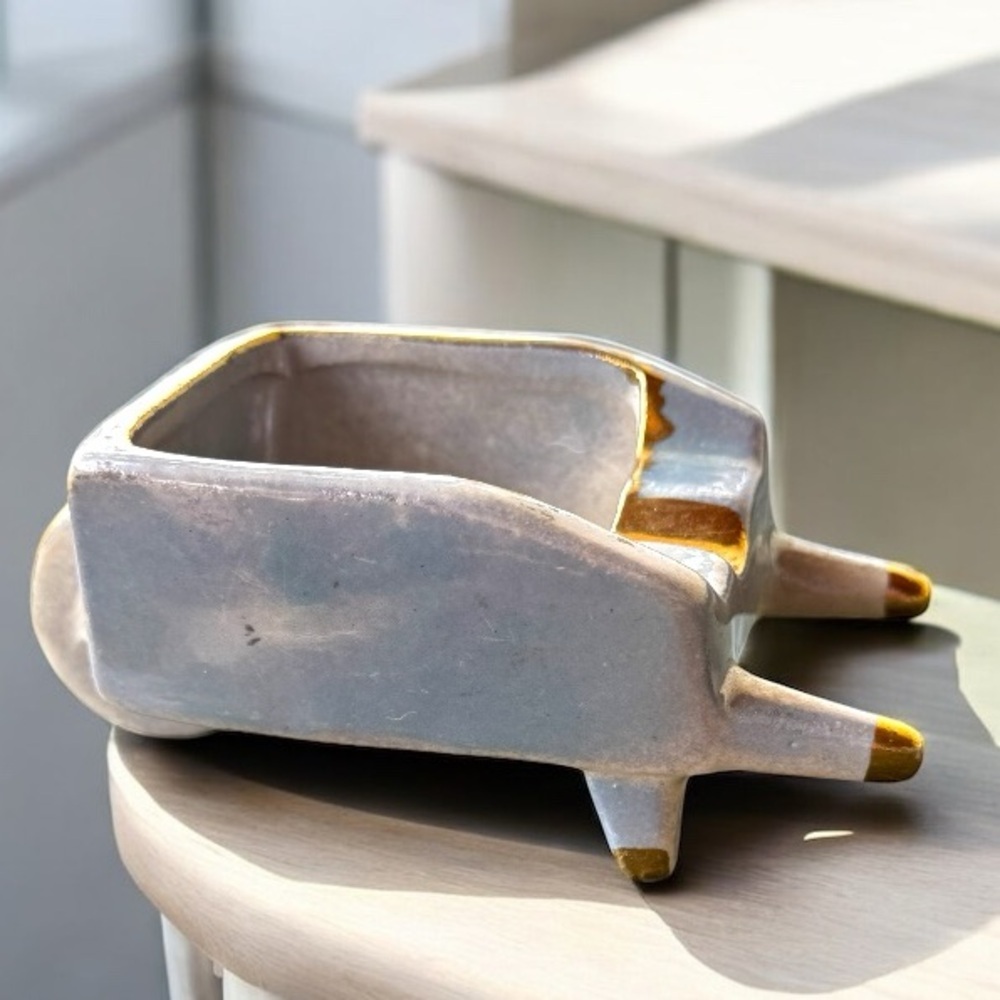 McCoy Vintage Blue Ceramic Wheelbarrow Planter/Ashtray with Gold Accents